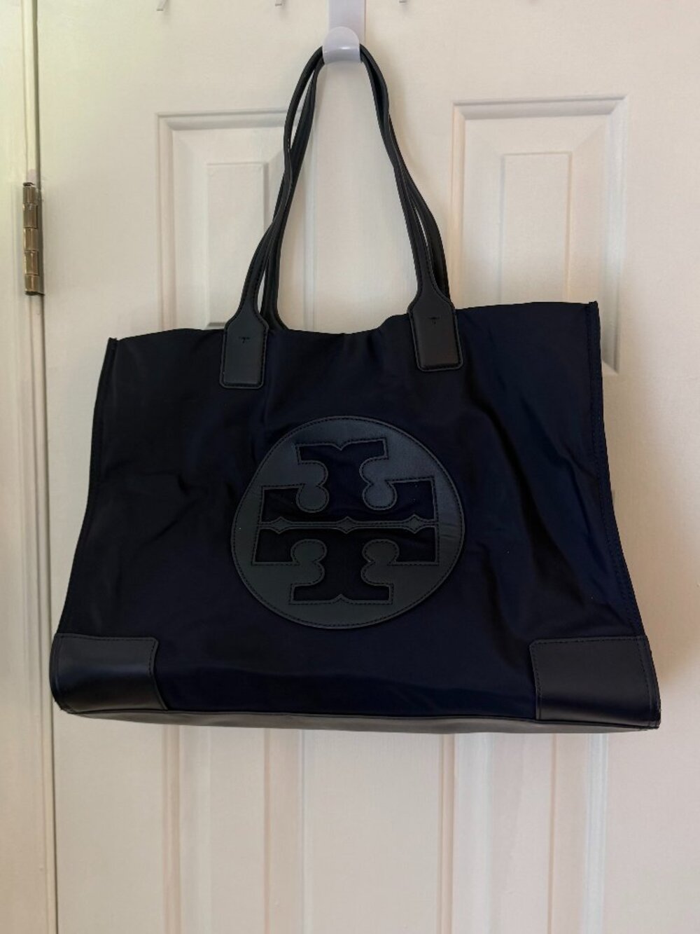 Tory Burch Large Black Nylon Ella Tote Bag Double T Logo Handbag